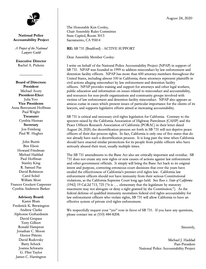 NPAP Letter Supporting CA Senate Bill (SB) 731 National Police